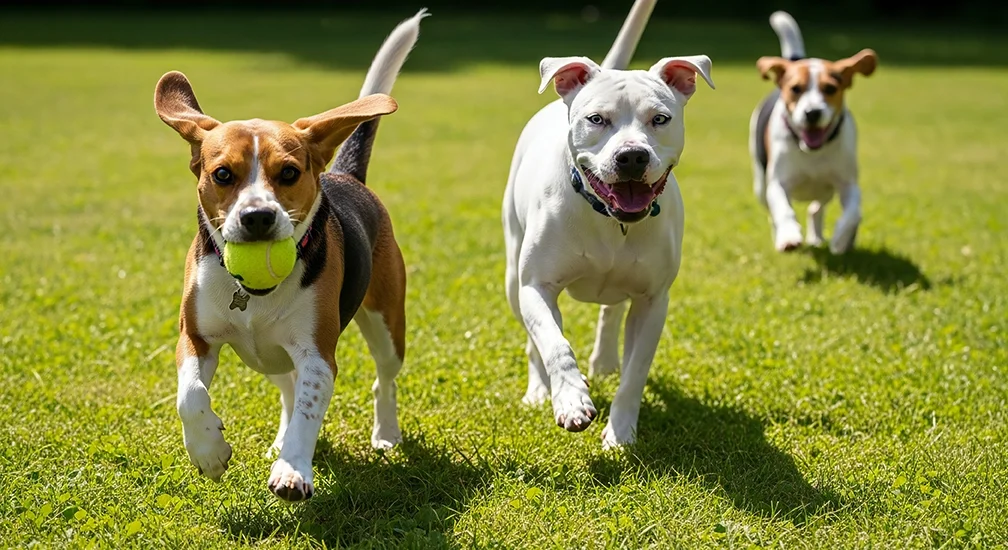 Three dogs running on a grassy field, one with a tennis ball in its mouth.