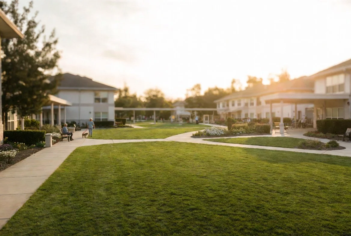 A peaceful residential complex with well-maintained green lawns, walking paths, and communal outdoor seating areas during sunset.