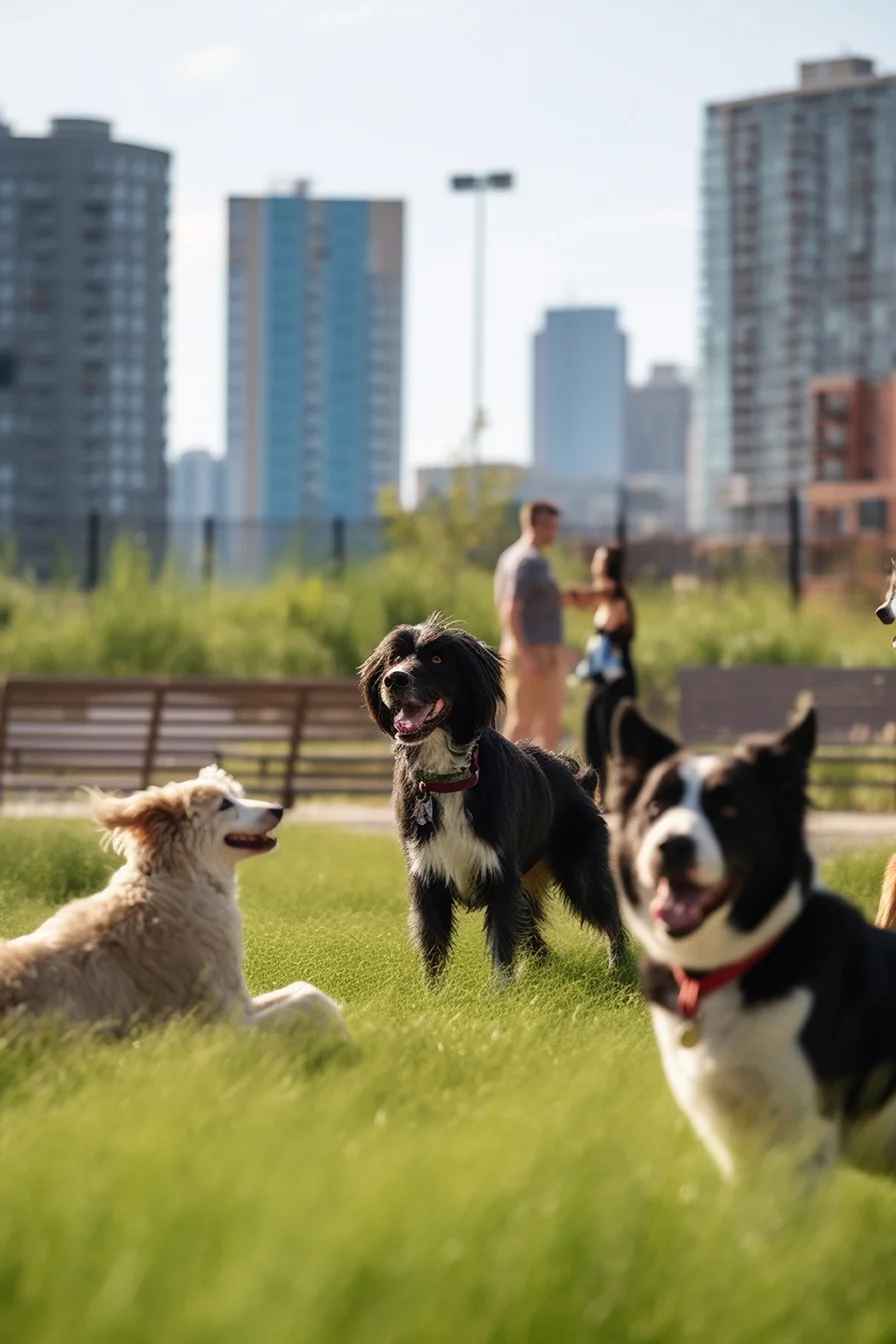 Four dogs playing on a grassy field in an urban park with high-rise buildings in the background, two people talking in the distance.