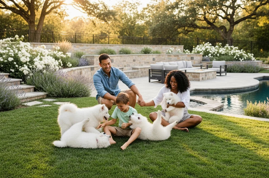 A family enjoying time with fluffy white puppies on a lush green lawn near a swimming pool at sunset.