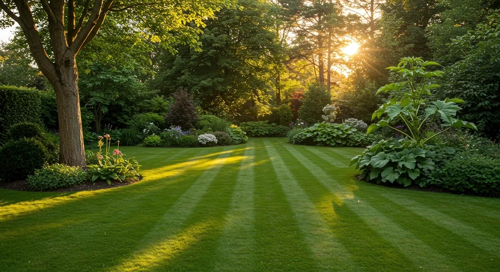 Sunrise over a well-maintained garden with lush green grass, various plants, and trees.