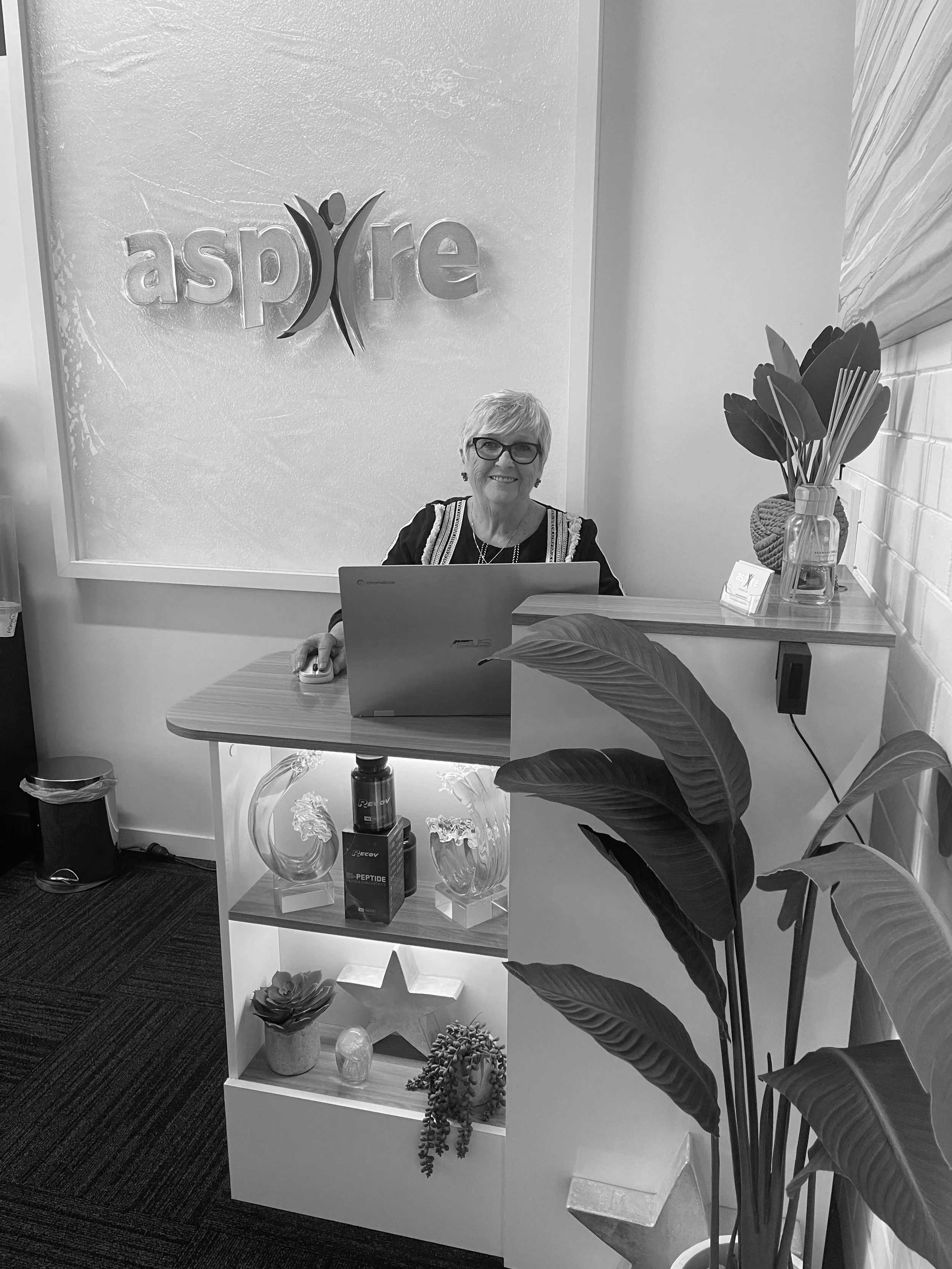 A reception area with a woman sitting at a desk, a large plant in front, and a decorative shelf with plants and objects. The wall behind displays the logo 'aspire' with a stylized figure.