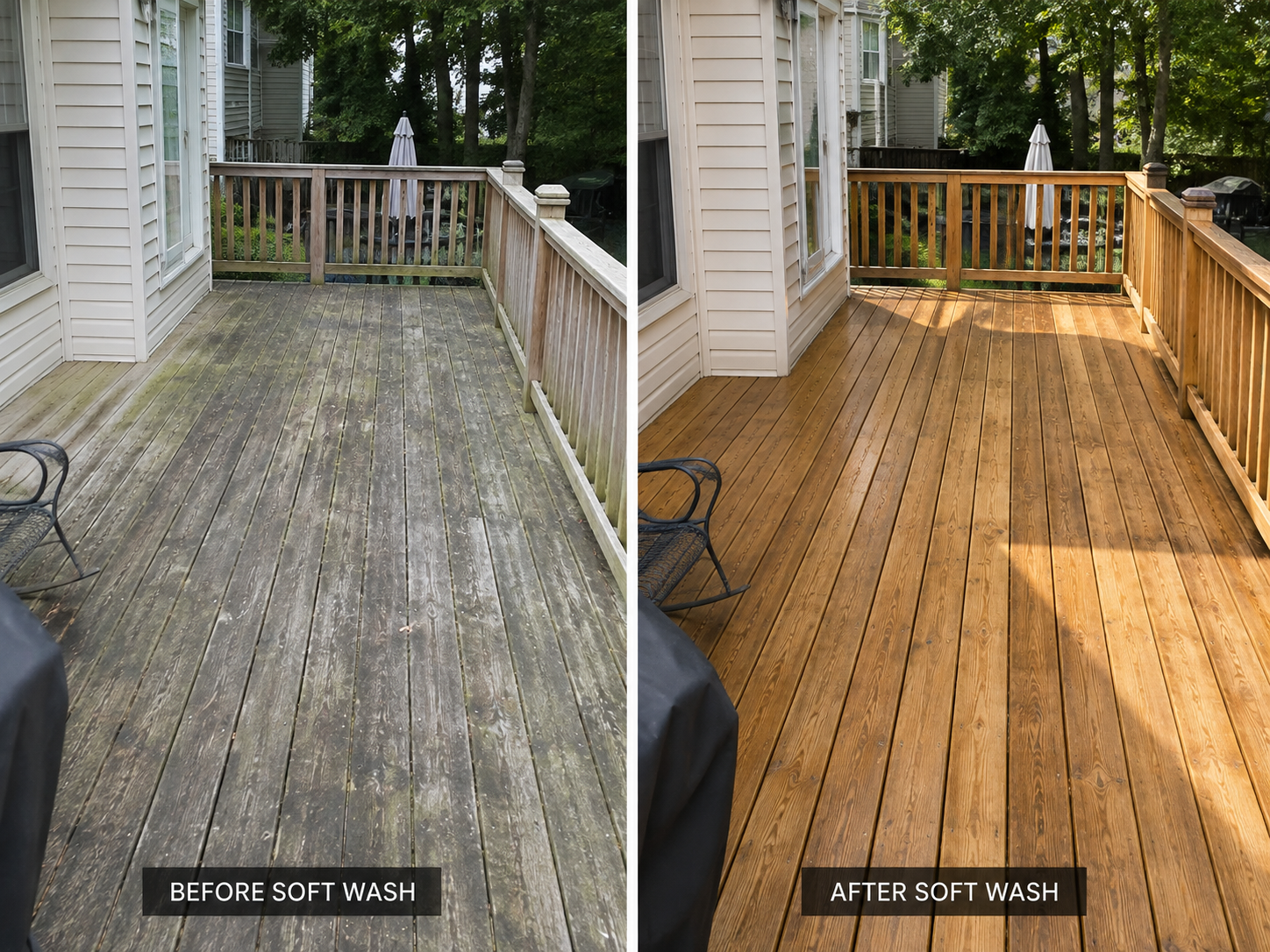 Before and after images of a wooden deck cleaning, showing worn, dirty, and mossy surface on the left and a clean, polished, and stained surface on the right.