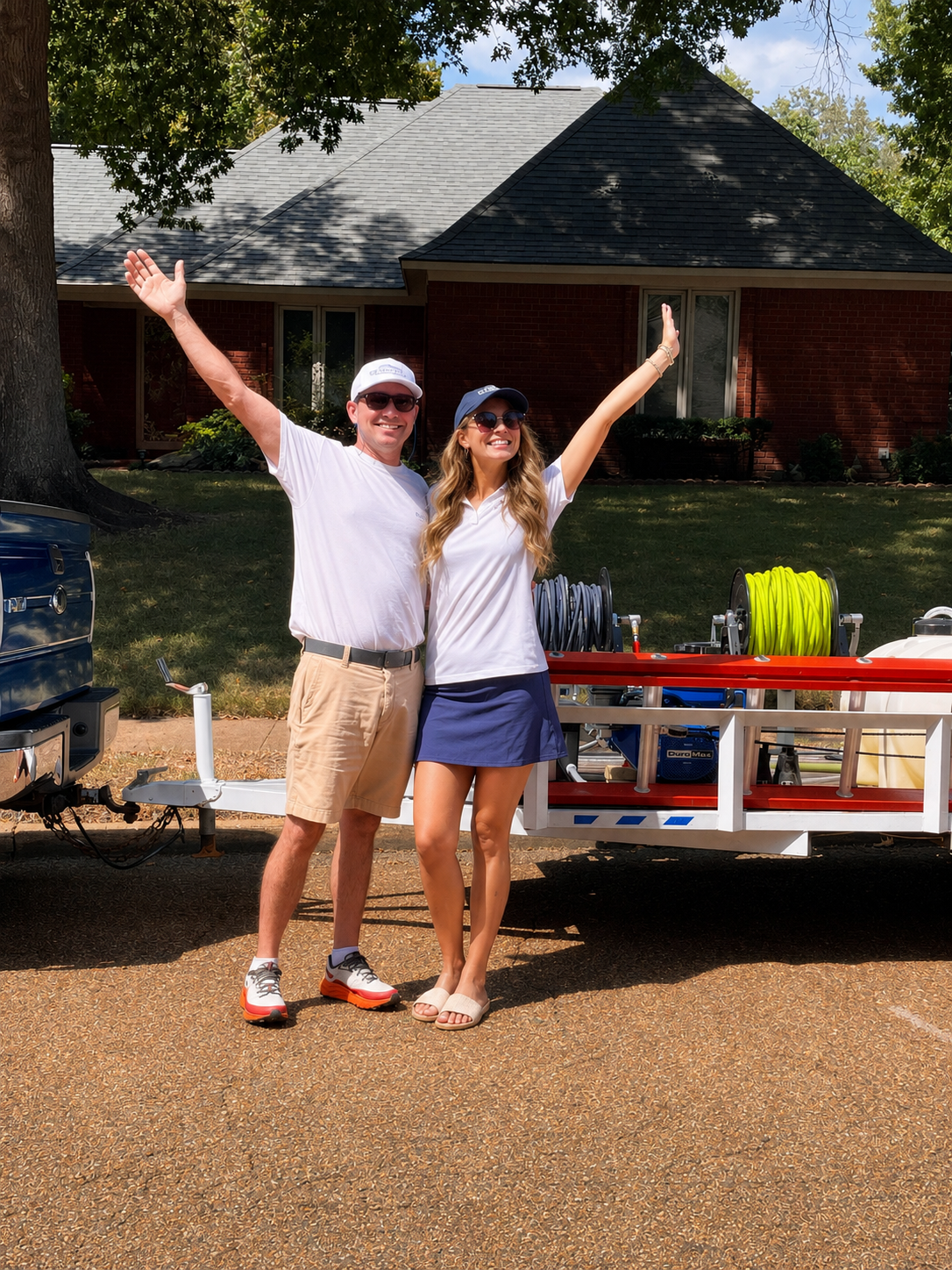A man and woman standing next to a utility trailer filled with hoses and equipment, smiling with arms raised outdoors in a neighborhood with trees and a brick house.