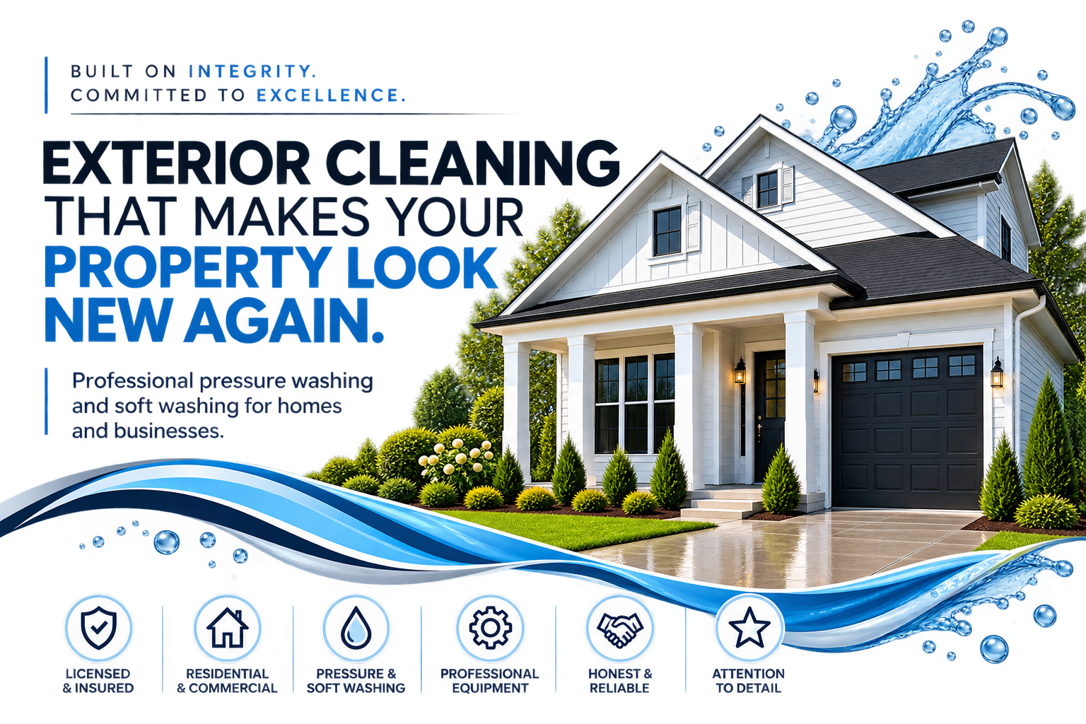 A modern white house with black roof and garage doors, surrounded by green plants and a wet concrete driveway, with water splash graphics and icons below indicating services like insured, residential and commercial, pressure washing, professional equipment, honest and reliable, and attention to detail.