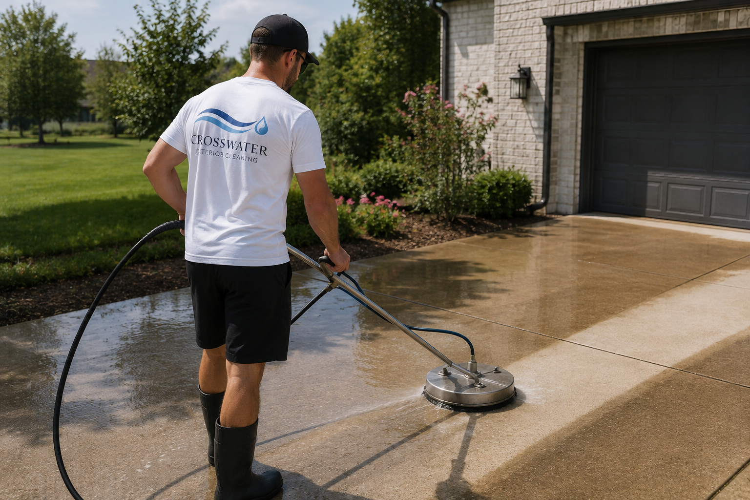 A man wearing a white t-shirt, shorts, and tall black boots pressure washing a concrete driveway outside a house.