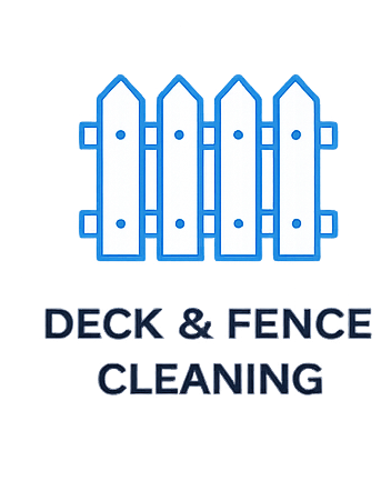 Logo for Deck & Fence Cleaning featuring a stylized white picket fence with blue outlines and text underneath.