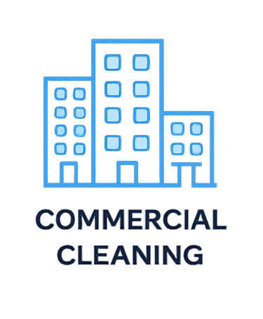 Illustration of three blue skyscraper buildings with windows, representing a commercial building, with the text 'Commercial Leasing' below.