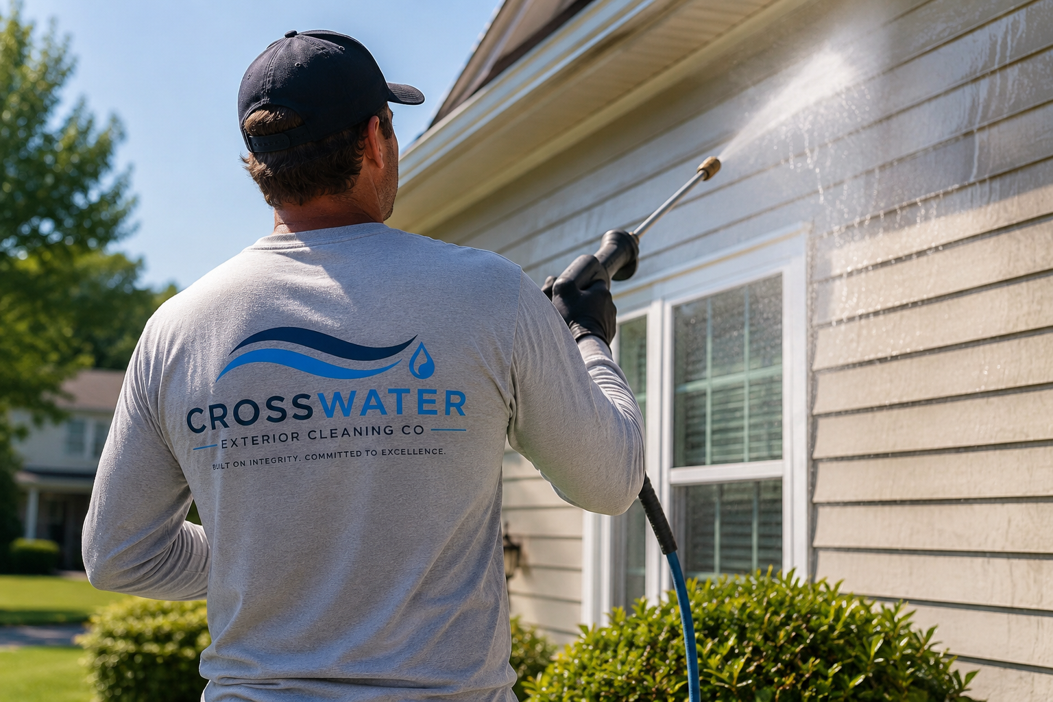 A person wearing a CrossWater Exterior Cleaning Co shirt, using a pressure washer to clean the exterior of a house, with a bush in the foreground and trees in the background.