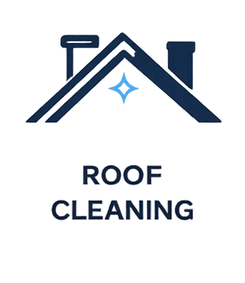 Logo of a roof cleaning company featuring a stylized house roof with a star-like sparkle and the text 'ROOF CLEANING' below.