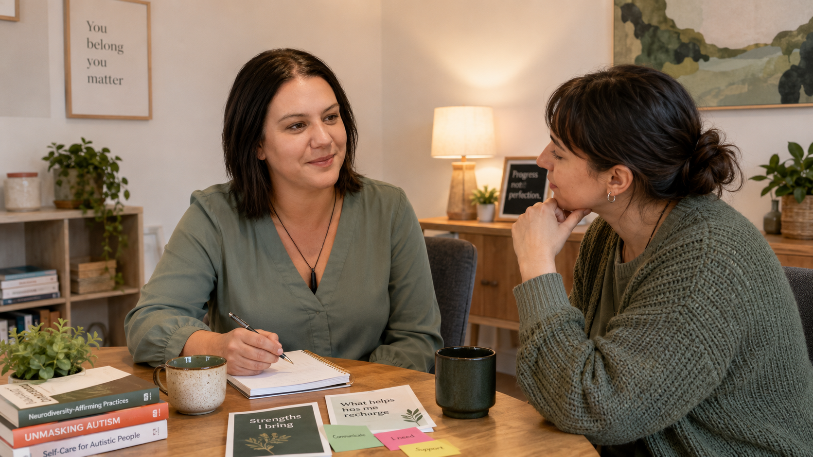 Halena Mudge, Developmental Educator, having a supportive one-on-one conversation with a recently diagnosed neurodivergent adult in a warm consultation setting, representing neuroaffirming ADHD and autism support in the Adelaide Hills.