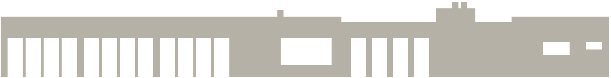 Abstract beige geometric building with vertical bars and rectangular cutouts on a black background