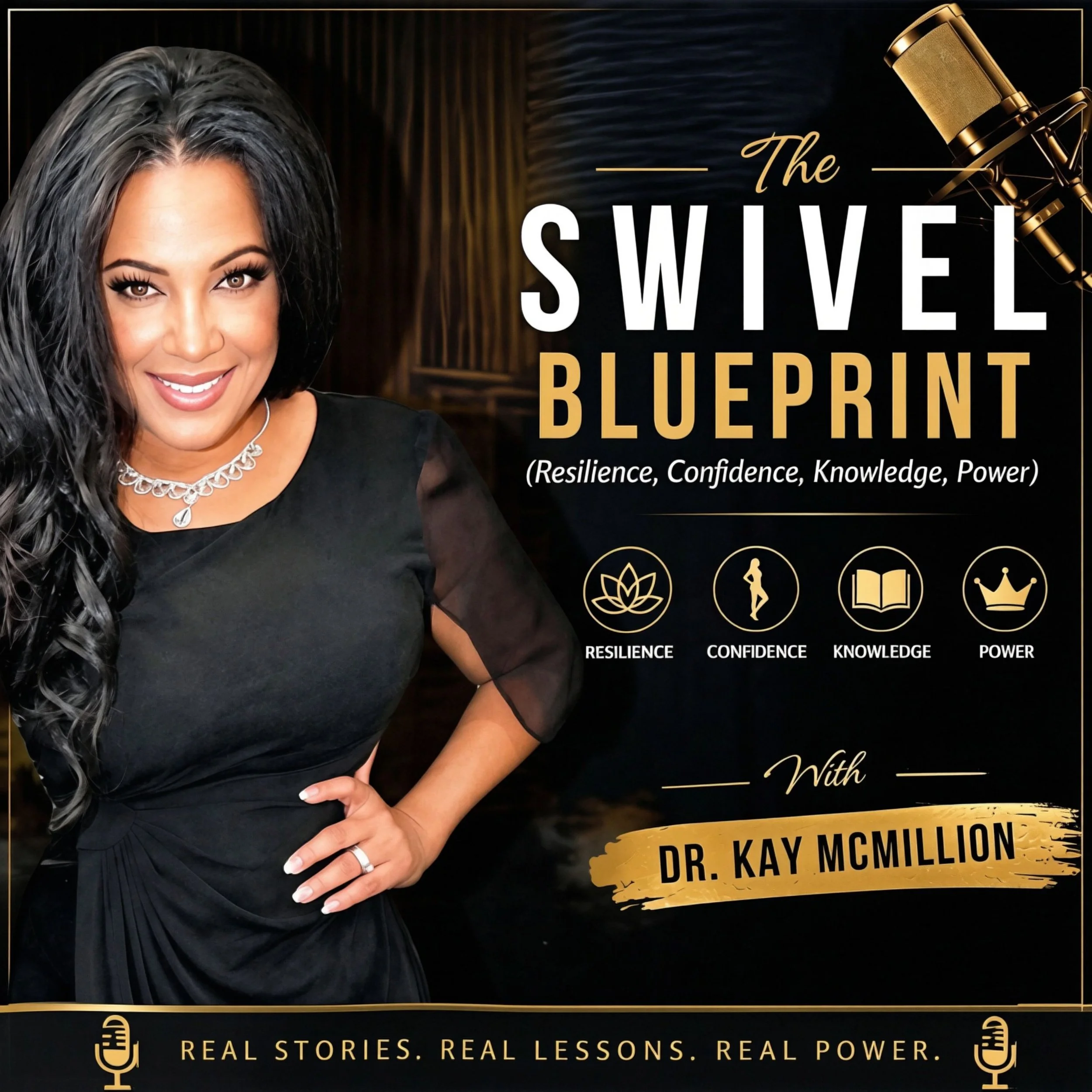 Close-up of a woman with long, curly black and gray hair, wearing a black dress and a silver necklace, smiling in front of a dark background with gold text and icons. The text reads 'The Sweet Blueprint' and the subtitle mentions resilience, confidence, knowledge, and power. There are icons representing a microphone, a woman walking, an open book, and a crown, and a banner at the bottom with the name Dr. Kay McMillon.