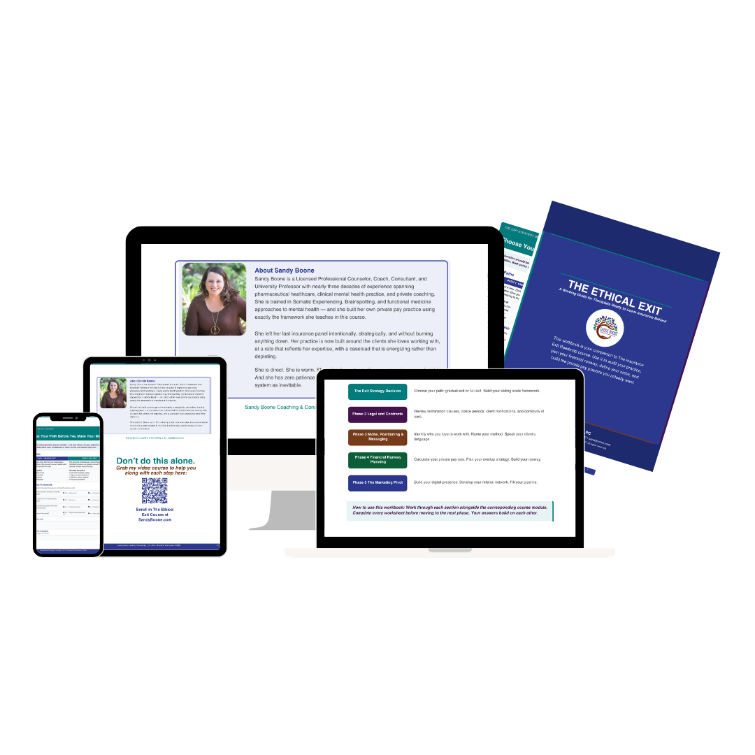 Digital devices displaying coaching and training materials, including a smartphone, tablet, and laptop screens, also printed booklets with titles such as 'The Ethical Exit' and a profile of a woman named Sandy Boone.