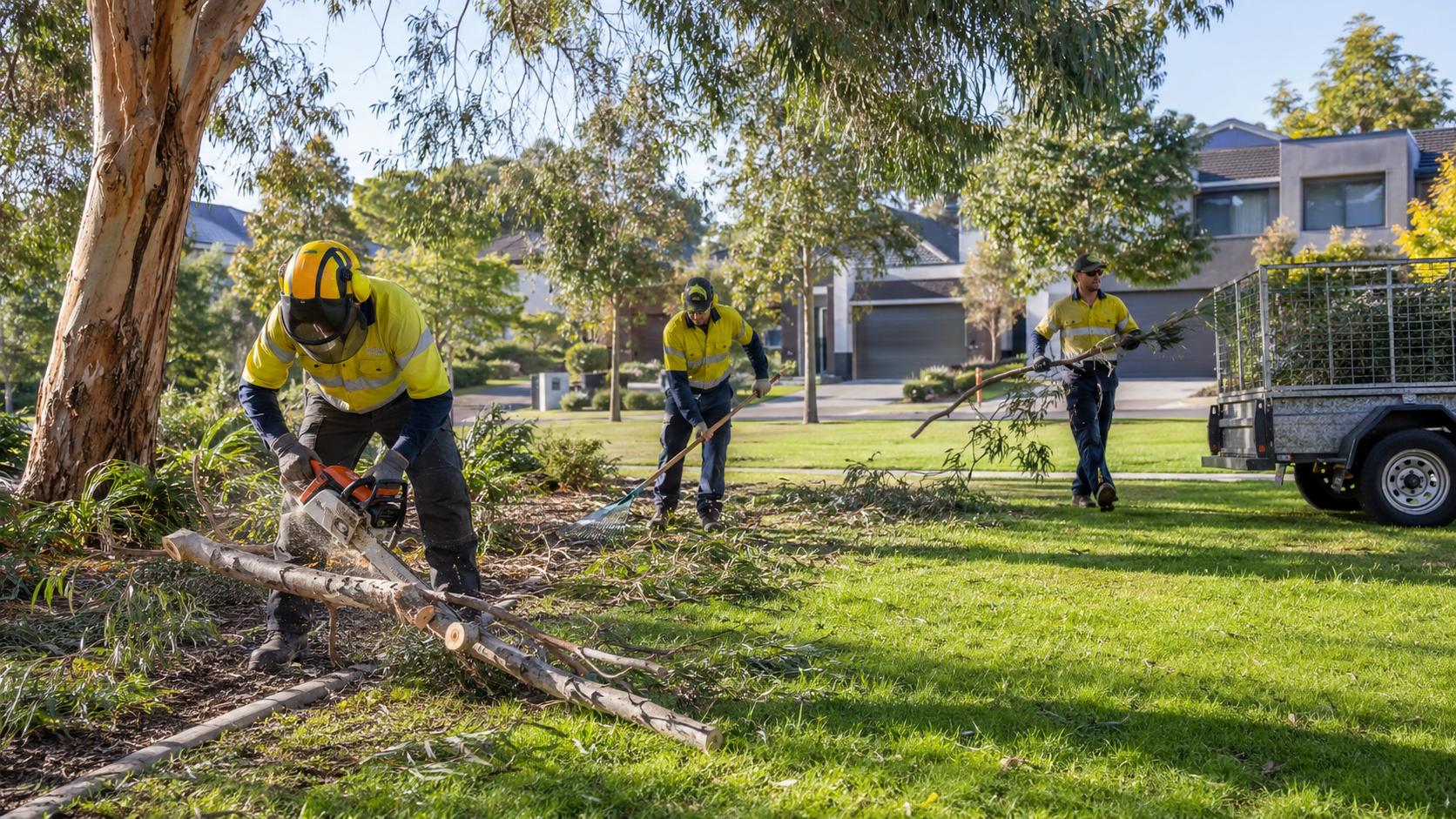 Tree removal workers cutting and clearing tree branches in suburban yard on sunny day.