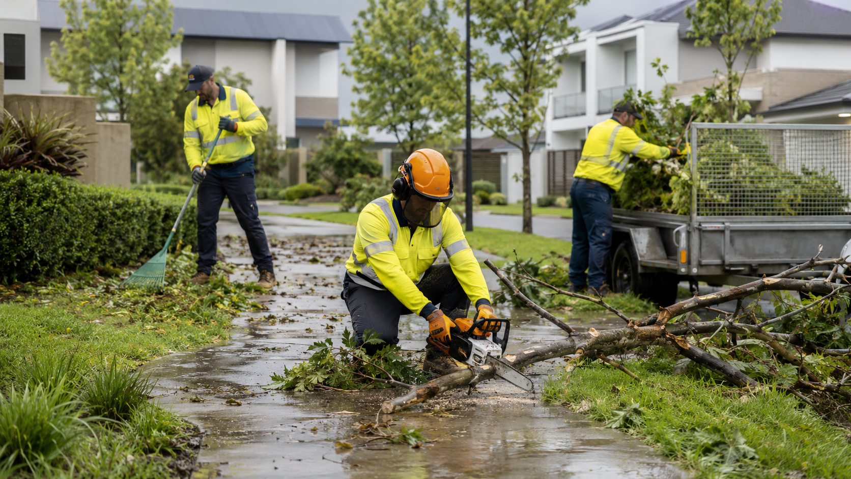 Three workers in yellow safety jackets and helmets cutting fallen tree branches on a wet sidewalk in a residential neighborhood.