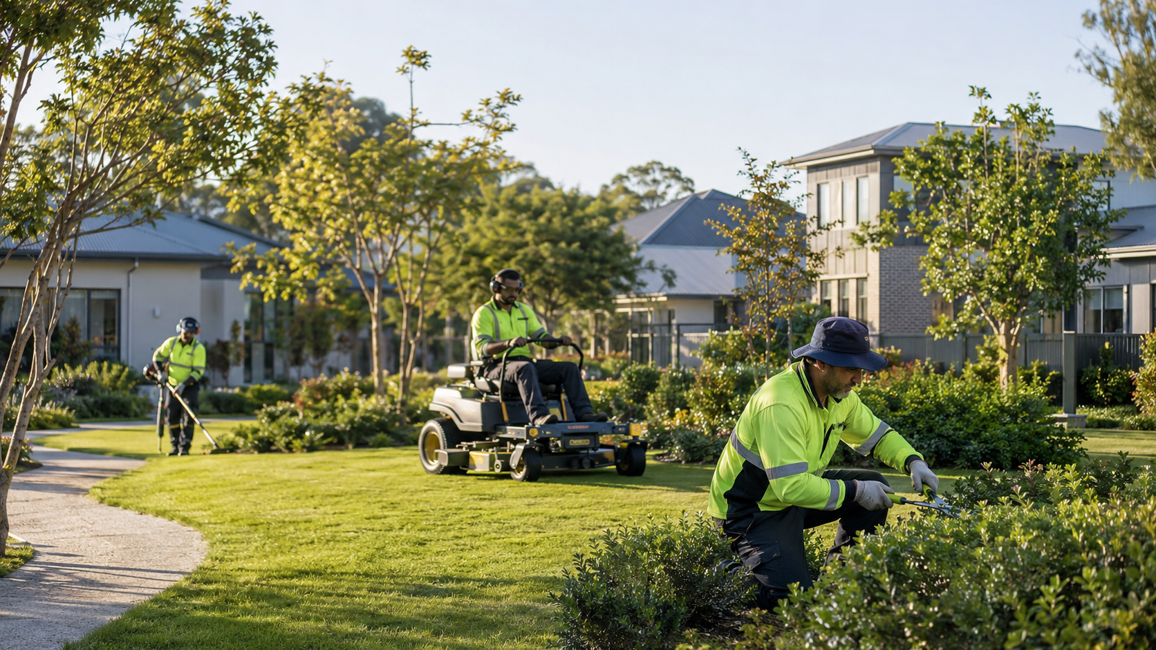 Landscapers trimming bushes and mowing grass in a residential neighborhood during the daytime.