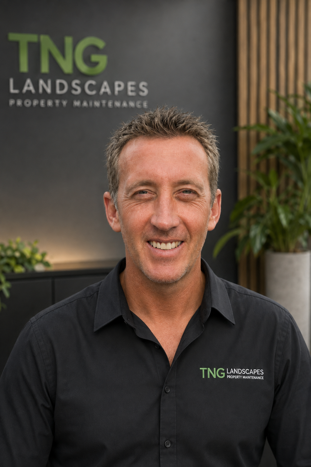 A smiling man in a black shirt with the TNG Landscapes logo stands in front of a reception area with plants and a sign that reads "TNG Landscapes Property Maintenance."