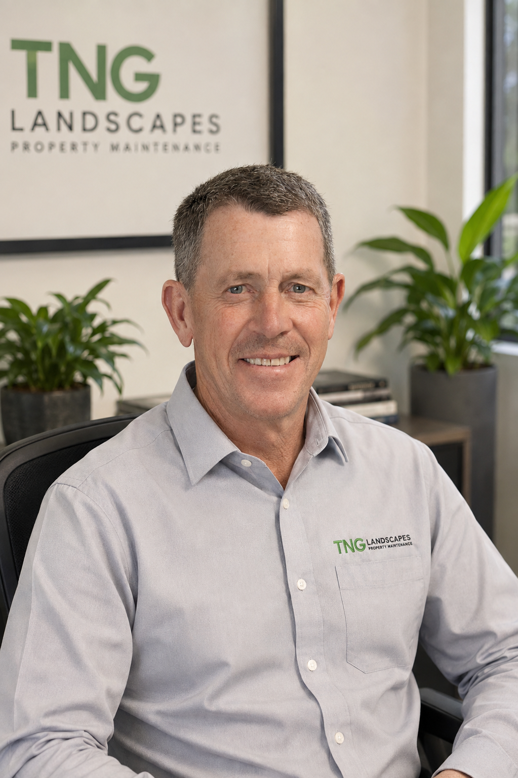 A man in a light gray button-up shirt seated at a desk with green plants behind him. He is smiling and has short, dark hair. The shirt has a logo that reads 'TNG Landscapes Property Maintenance.'