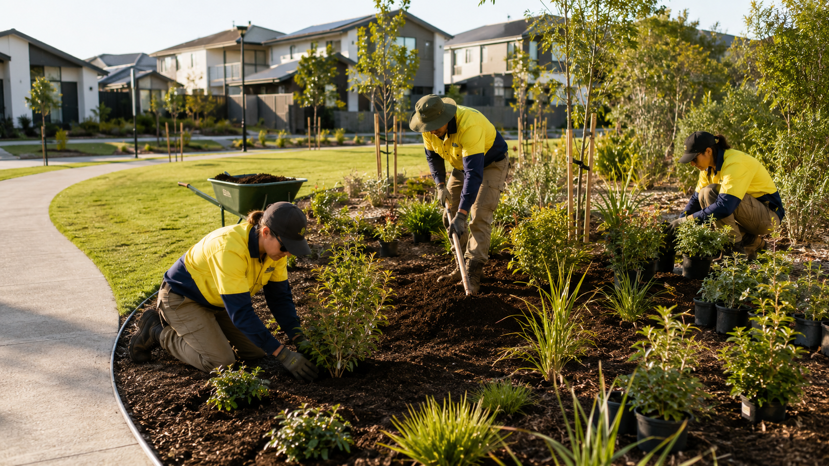 Three workers planting and tending to shrubs and flowers in a landscaped area of a residential community.