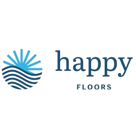 Logo of 'happy FLOORS' featuring a stylized sun and wave graphic in blue tones.
