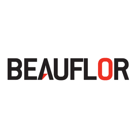 BeauFlōr logo with stylized text, black and red color scheme.