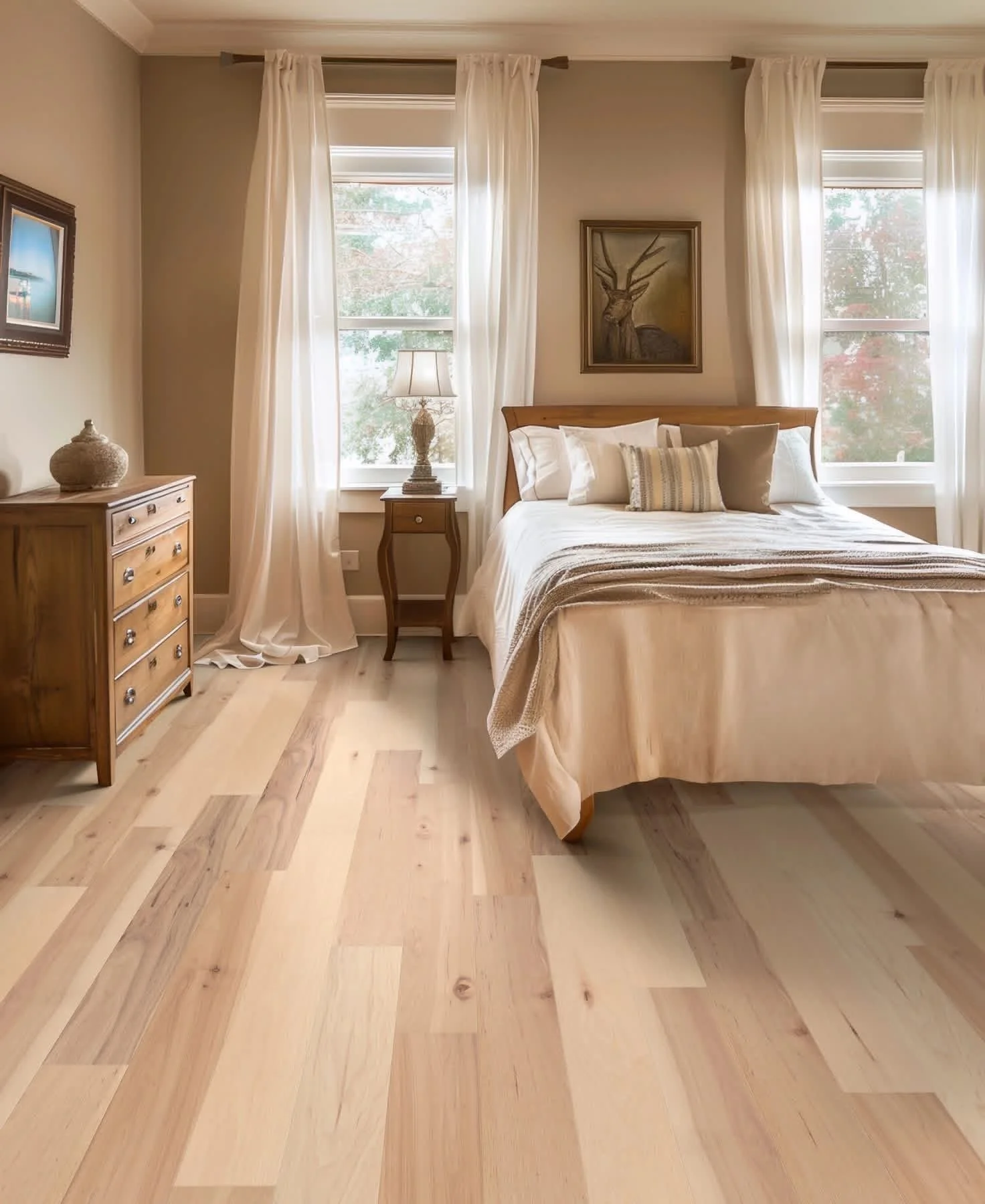 Bedroom with wooden floor, beige walls, white curtains, bed with beige bedding, pillows, and painting of a deer on the wall.