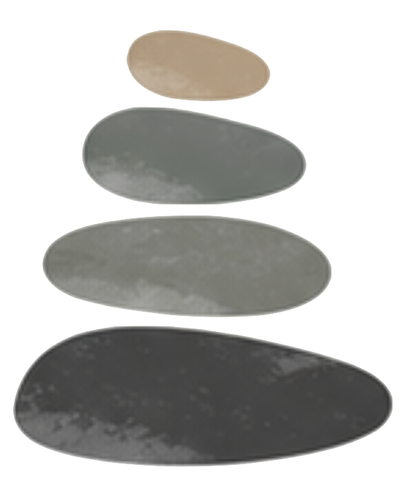 Four oval-shaped stones arranged vertically, ranging from light beige at the top to dark gray at the bottom.