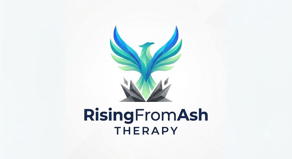 A colorful logo of a phoenix with blue, green, and black feathers, above the text 'Rising From Ash Therapy' on a white background.