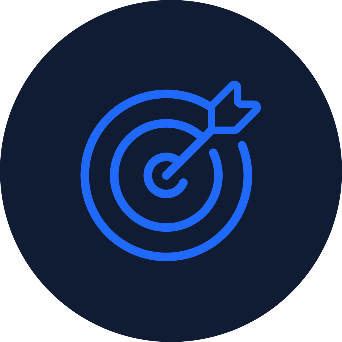 Blue neon icon of a target with an arrow hitting the bullseye on a dark background.