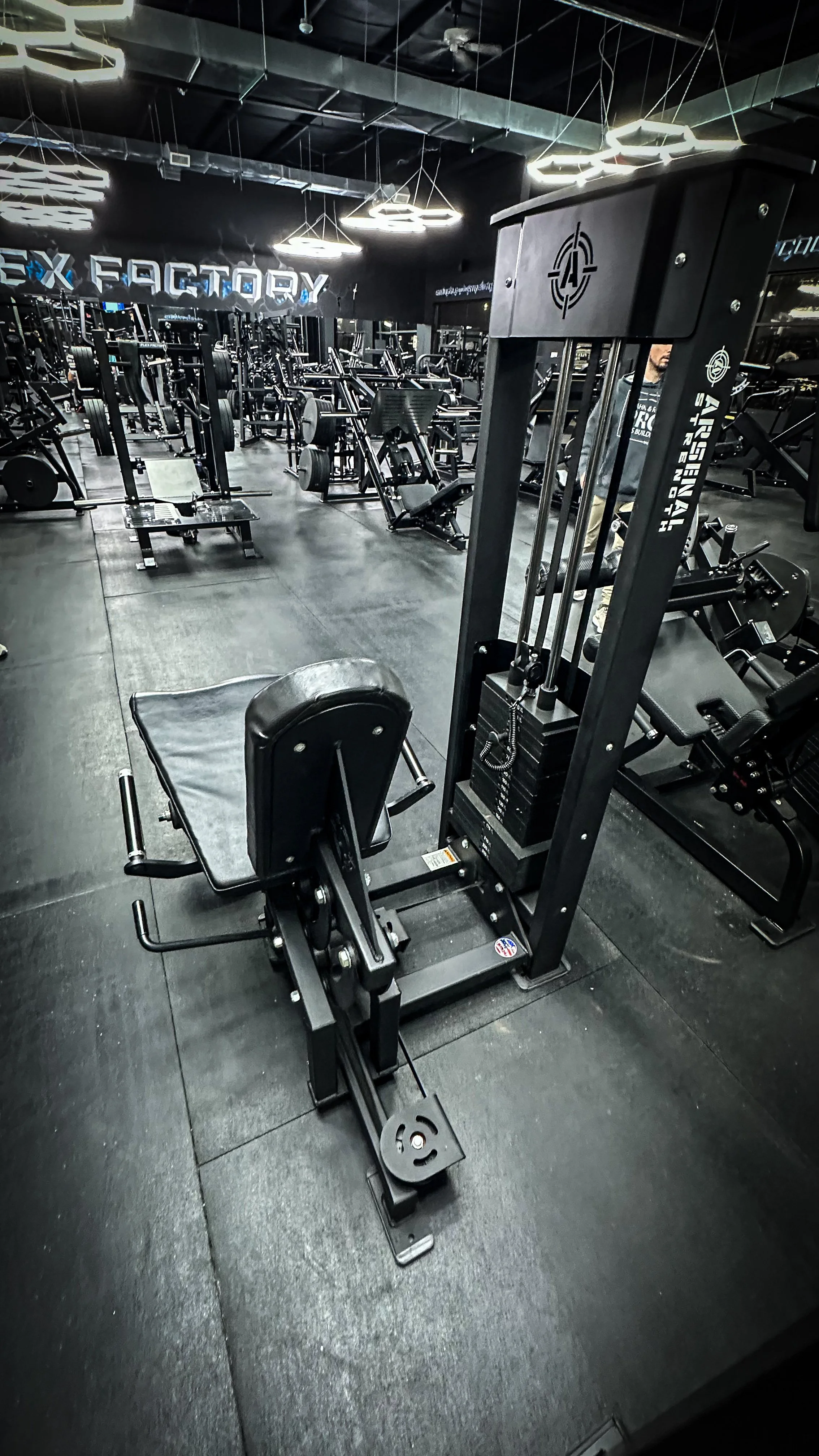 A gym with various workout equipment including leg press, weight machines, and benches, under modern lighting fixtures in a dark color scheme.