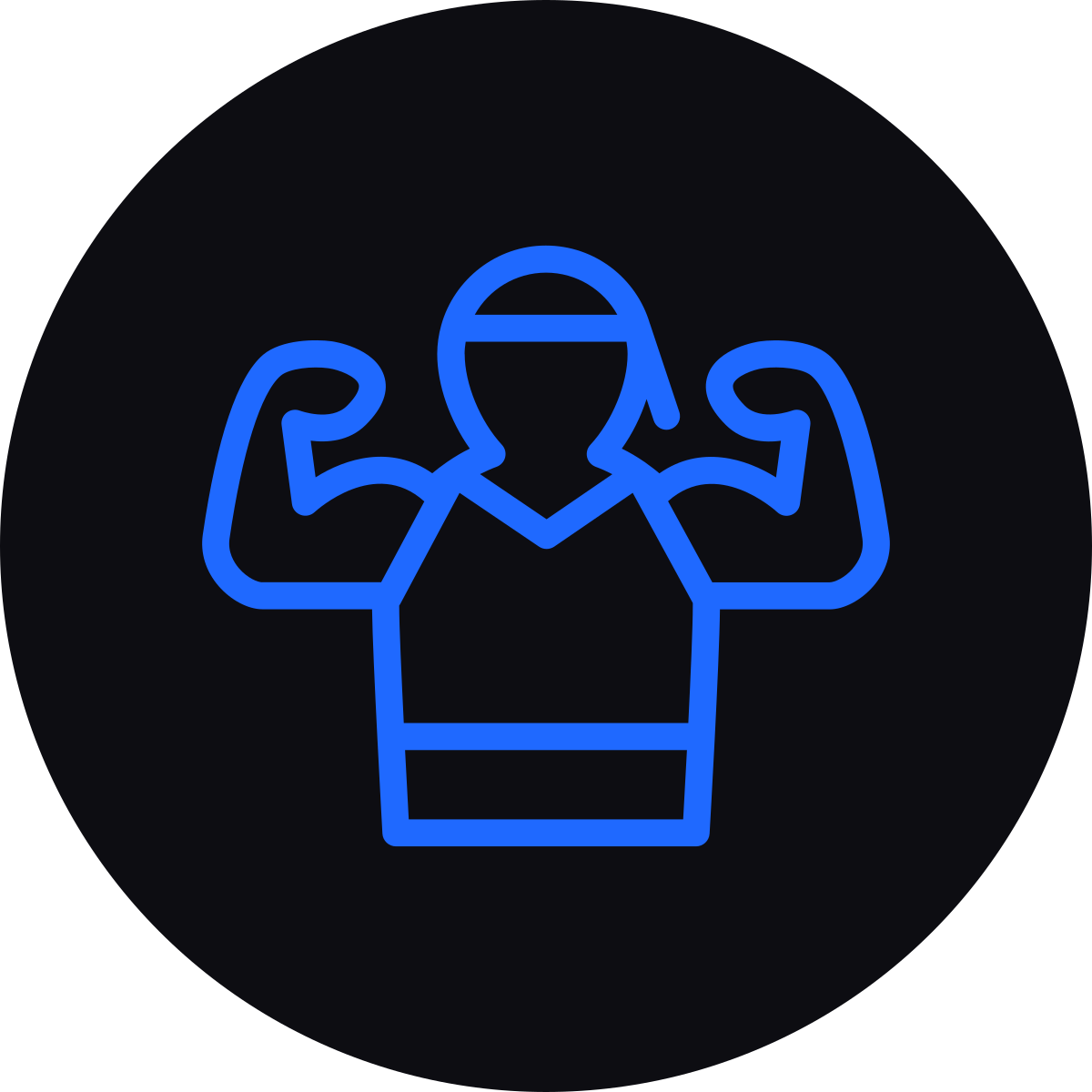 Blue neon icon of a person wearing a cap flexing their biceps.