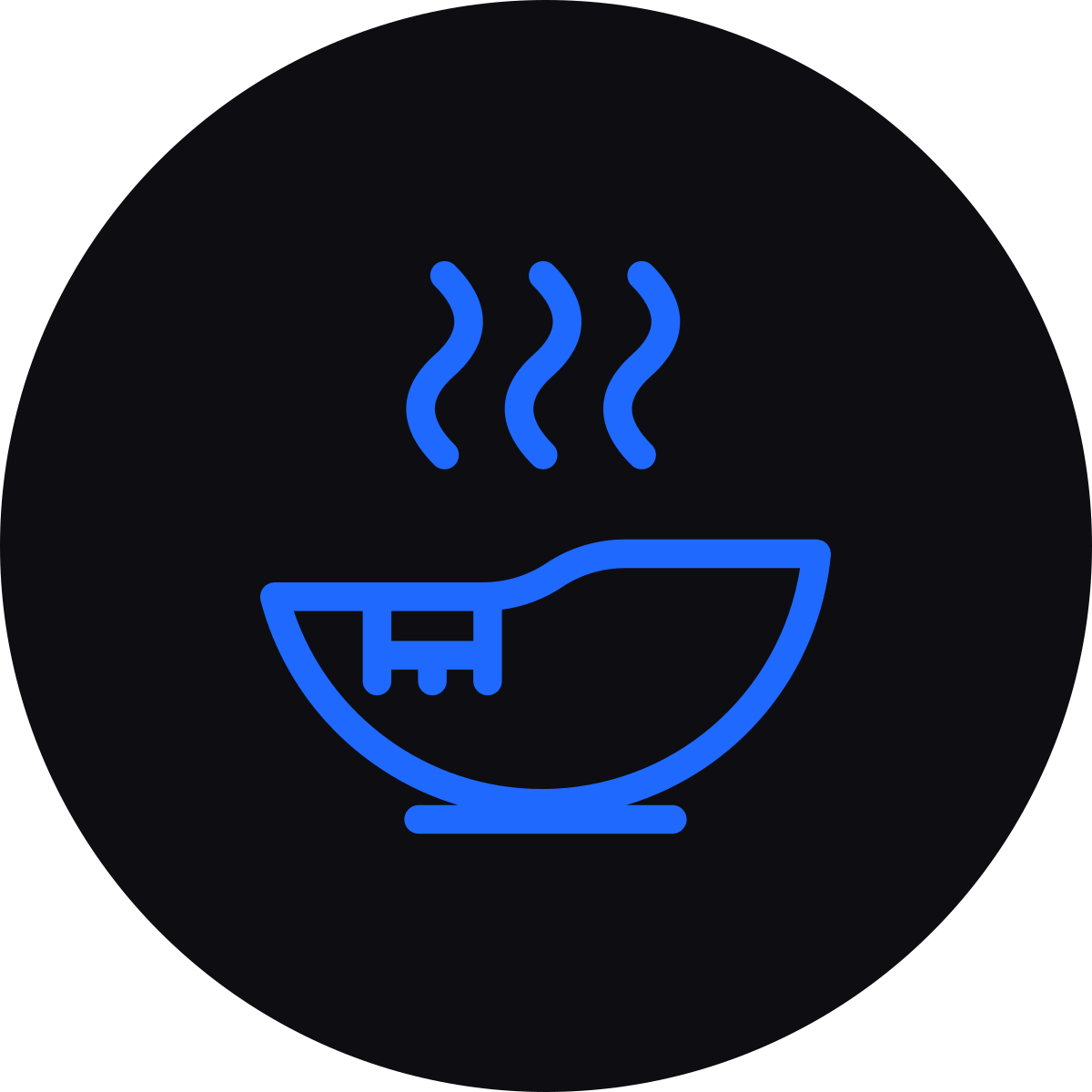 Neon sign of a steaming bowl, representing hot food or soup.
