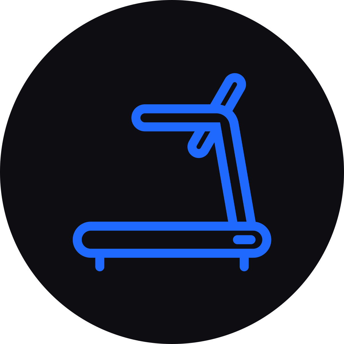Blue neon outline of a treadmill icon on a black circular background.