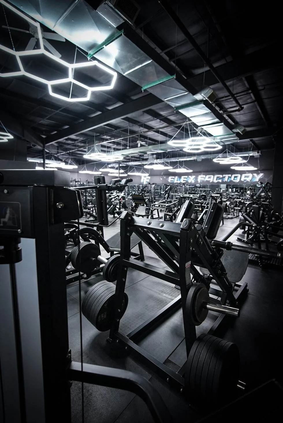 Modern gym with various exercise equipment, illuminated hexagonal ceiling lights, and ceiling fans.