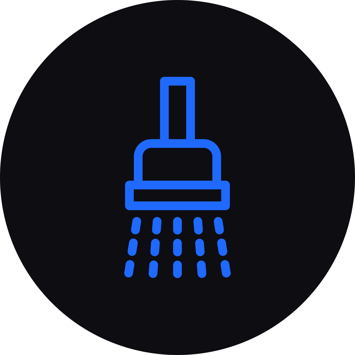 Blue showerhead icon with water spray on black background.