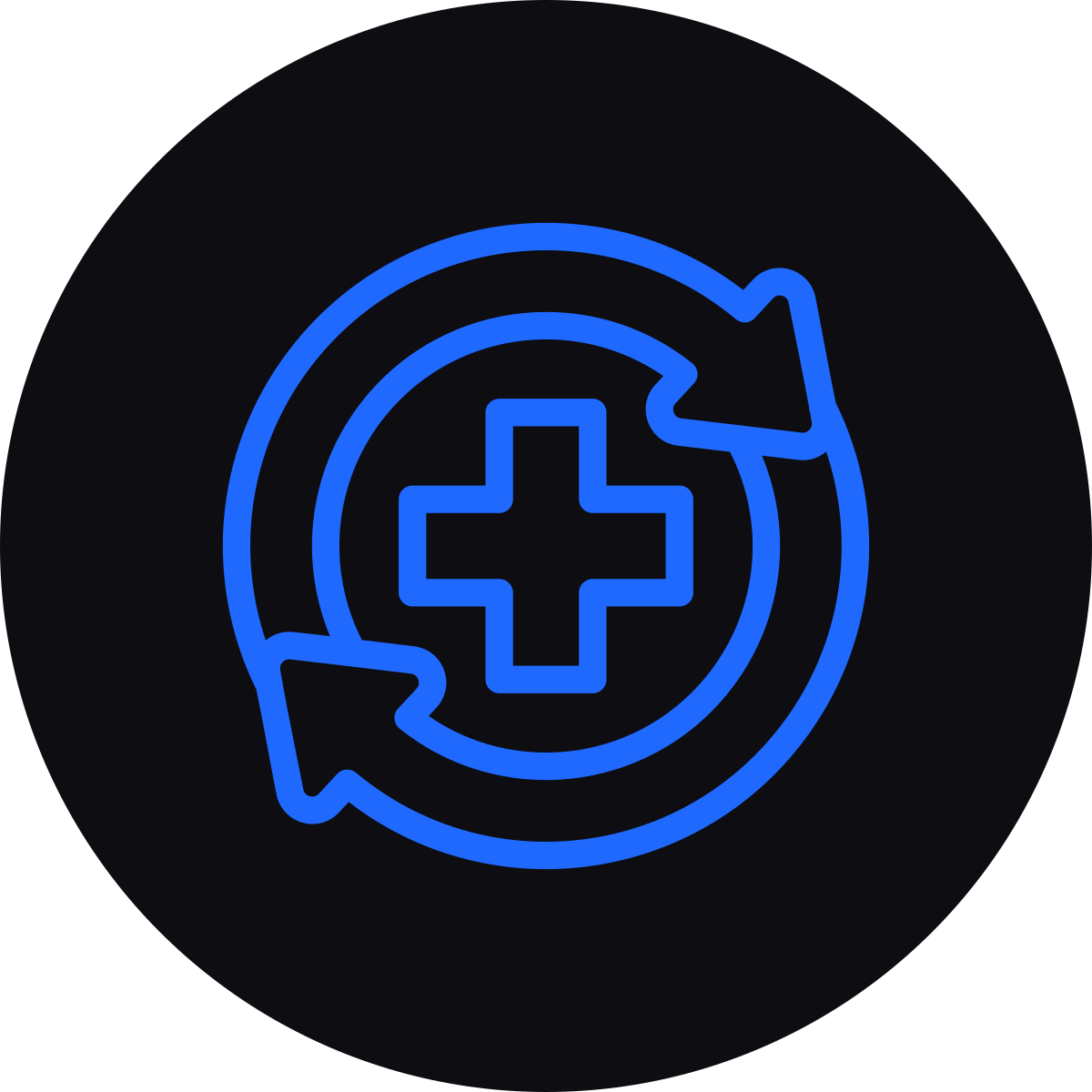 Blue neon style icons of a medical cross in the center, surrounded by a circular arrow with two arrows indicating a process or update, on a black background.