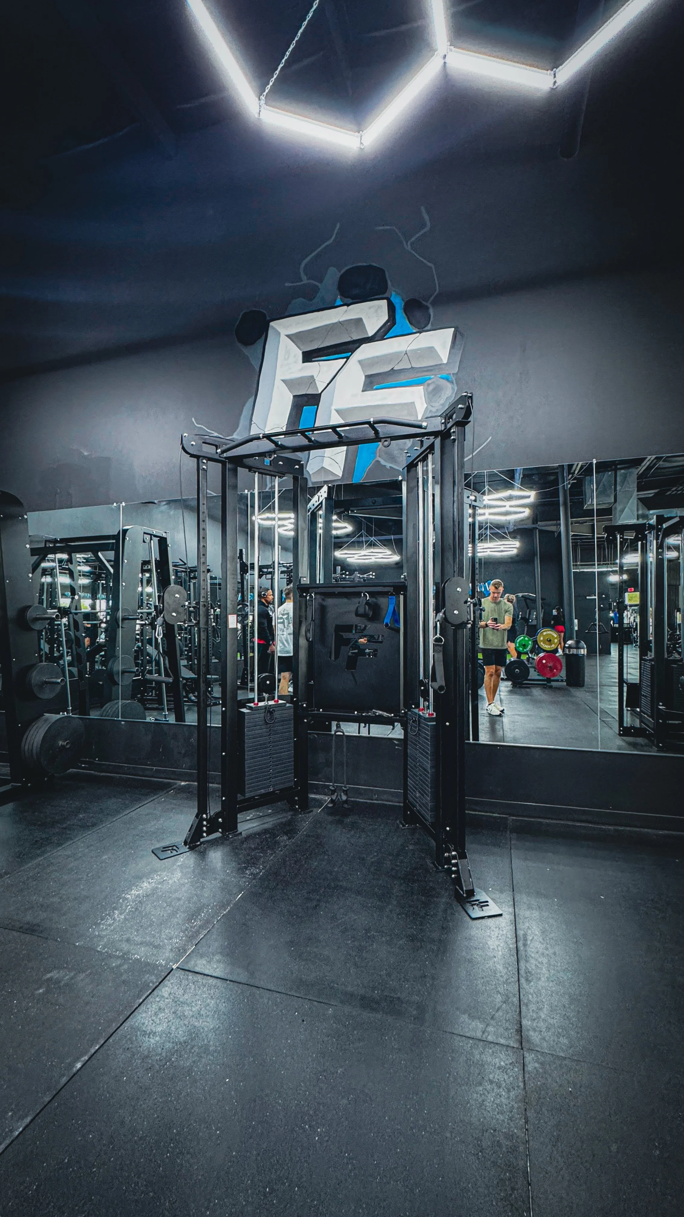 Inside a gym with black walls and flooring, a large wall mural features a geometric panda face and a glowing blue lightning bolt. The gym has various exercise equipment including weights and machines, and a person standing near the mirror looking at 