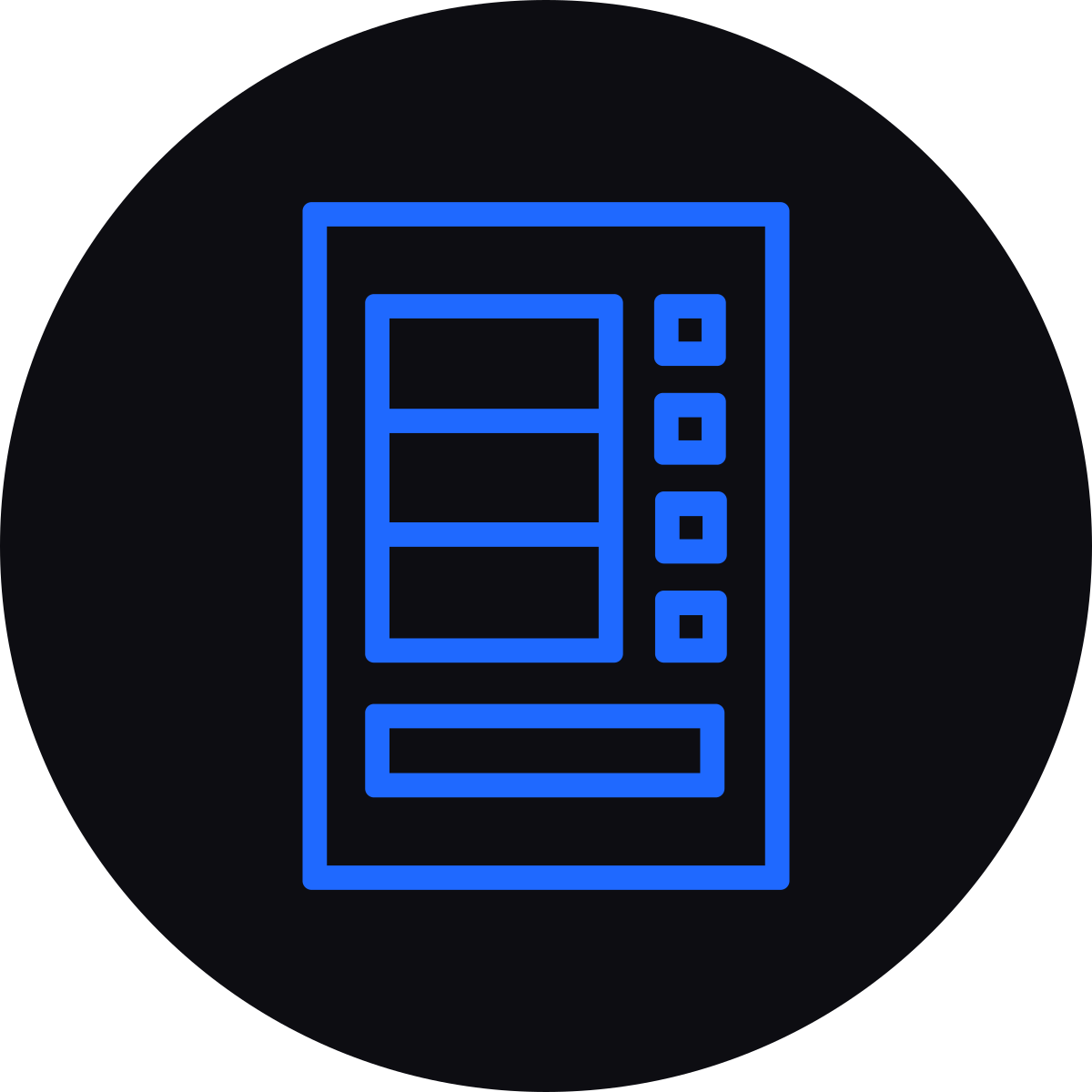 An icon of a vending machine in blue outline on a black background.