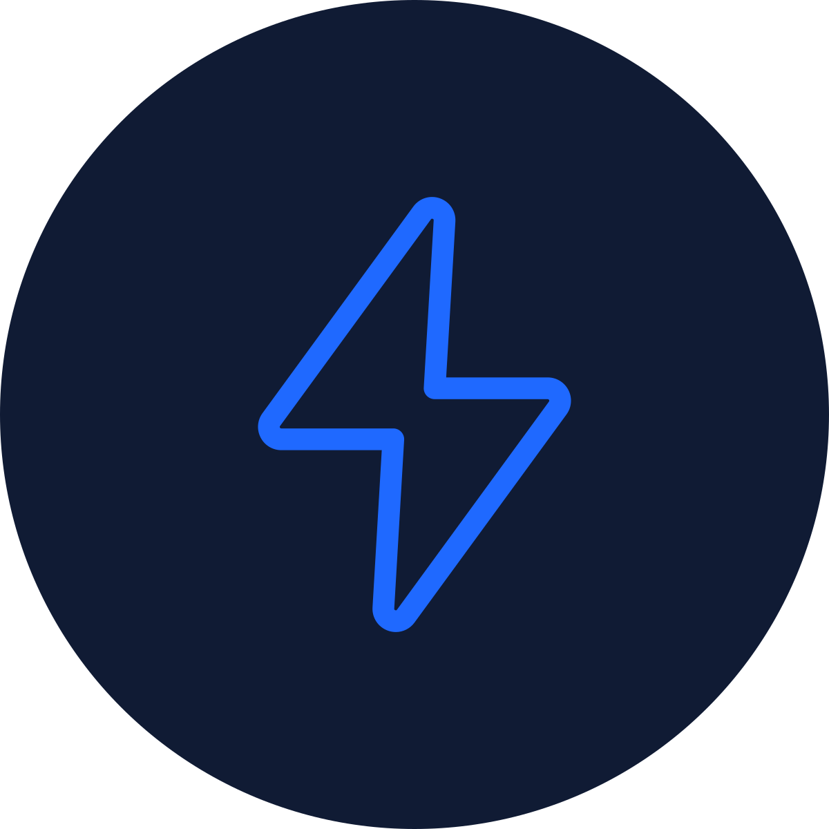 Icon of a blue lightning bolt on a dark circular background.