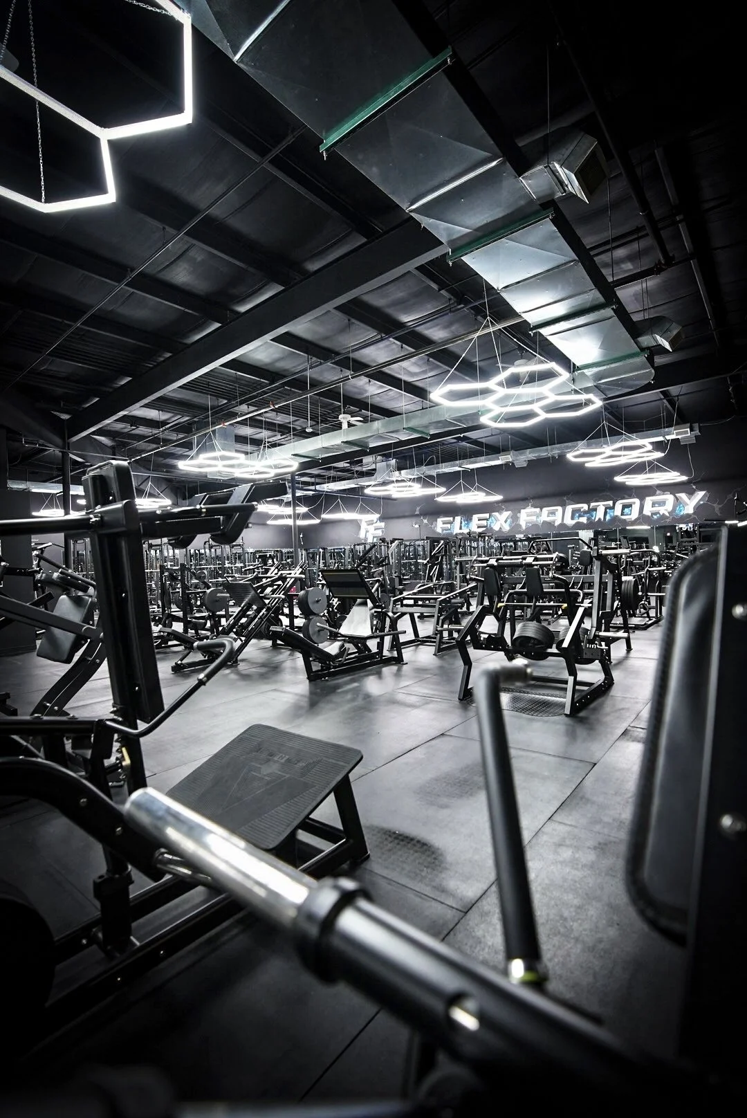 Interior of a modern gym with various workout machines, black walls, ceiling with geometric LED light fixtures, and a sign that says 'FLEX FACTORY' in the background.