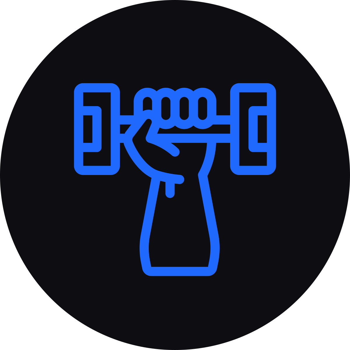 Blue neon-style outline of a hand gripping a dumbbell against a black background.