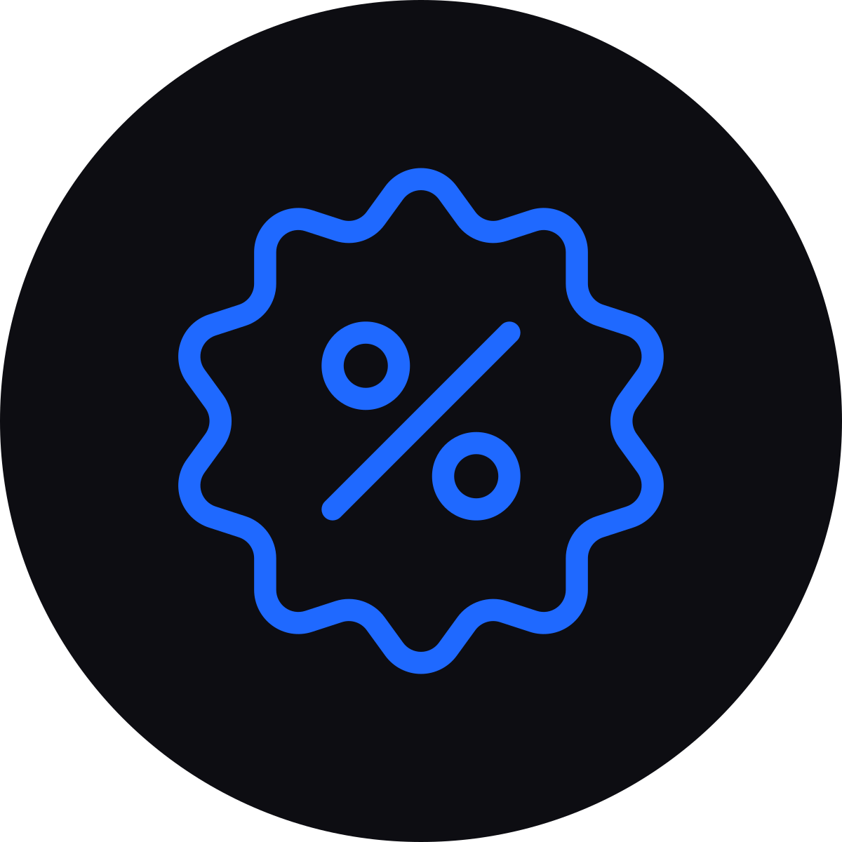 Illuminated neon icon of a discount badge with a percentage symbol on a black background.