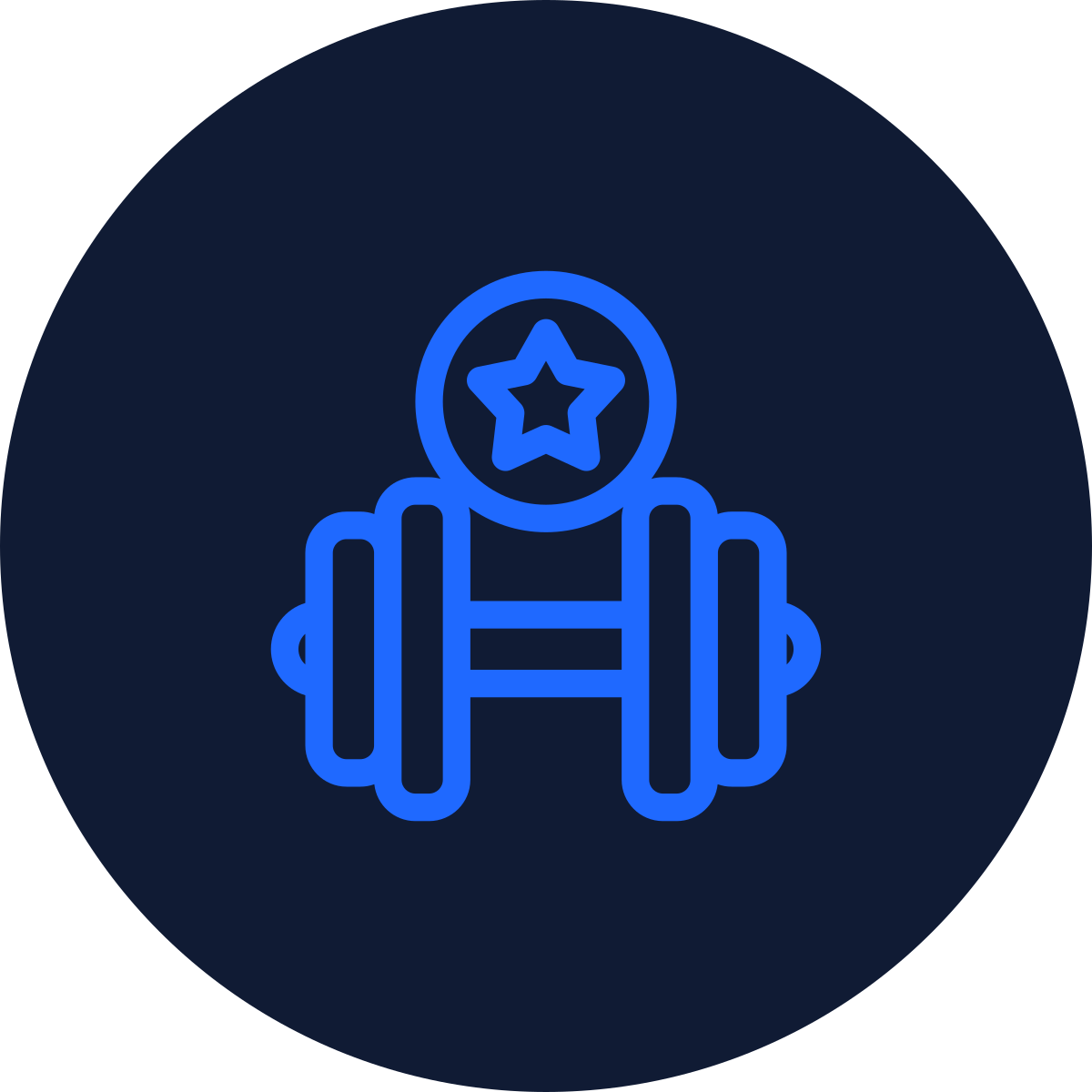 Blue neon icon of a person lifting weights with a star on their head, set against a dark circular background.