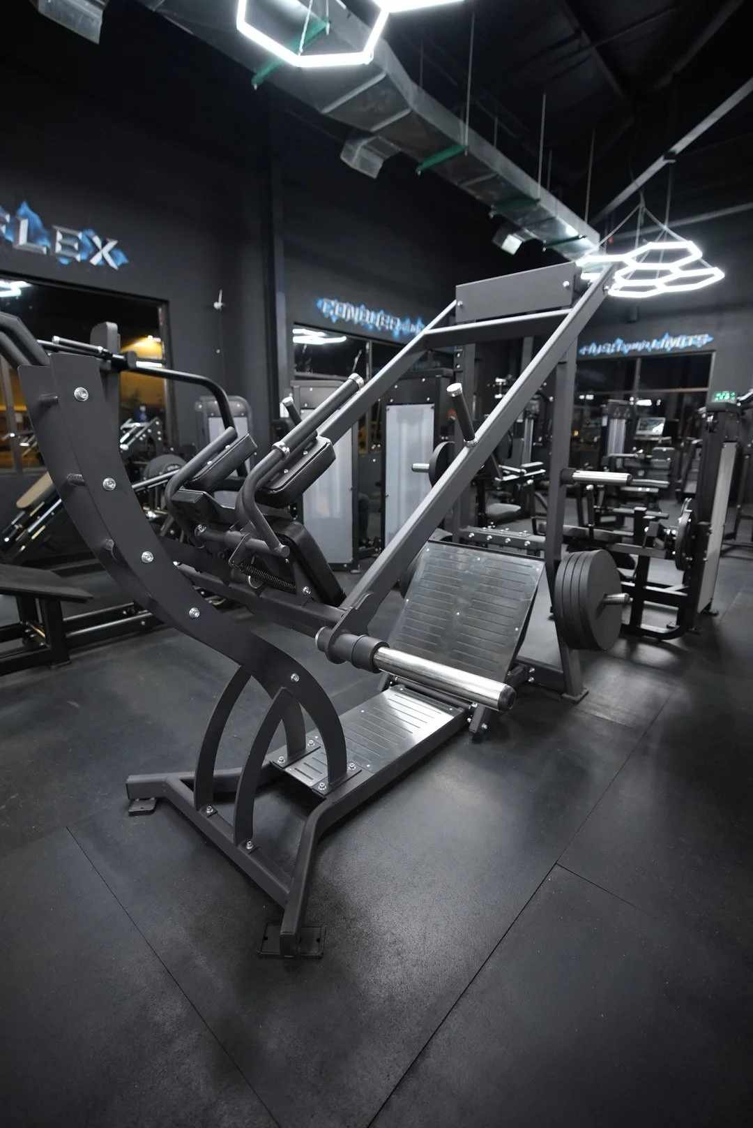 Gym with black equipment, including a leg press machine, weights, and benches, illuminated by modern hexagonal ceiling lights.