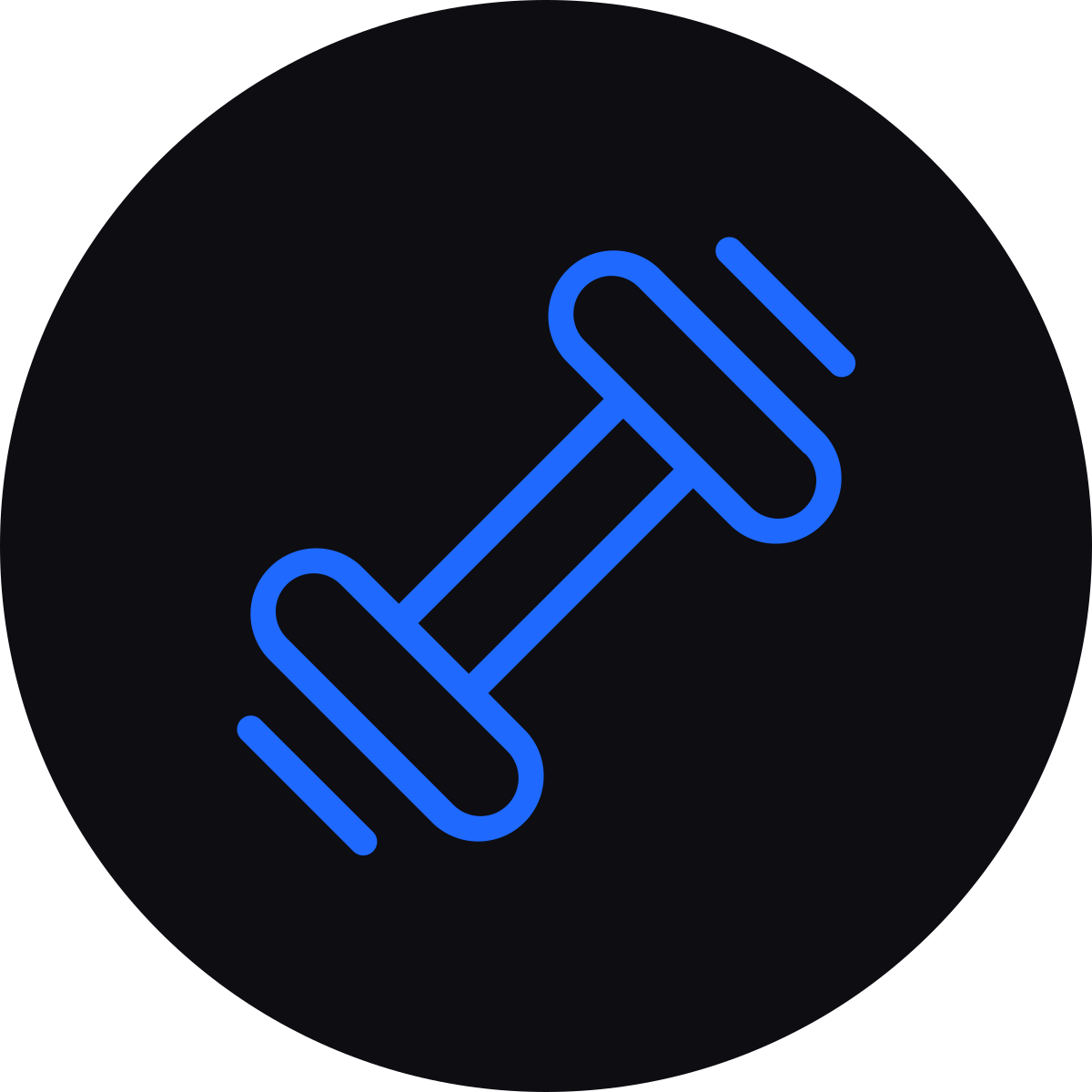 Neon icon of a dumbbell in blue against a black background.