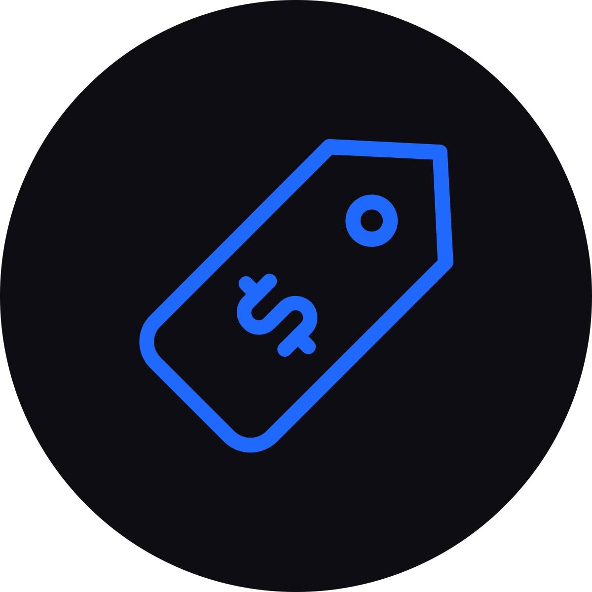 Neon blue outline of a price tag with a dollar sign on a black background.