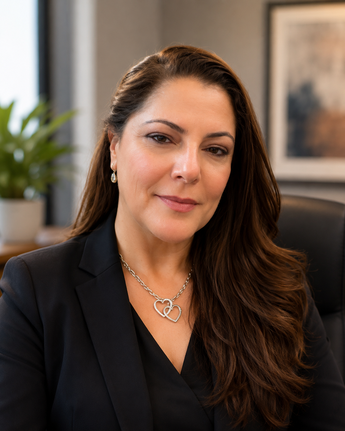 A woman with long brown hair, wearing a black blazer and jewelry, sitting in an office with a plant and framed picture in the background.