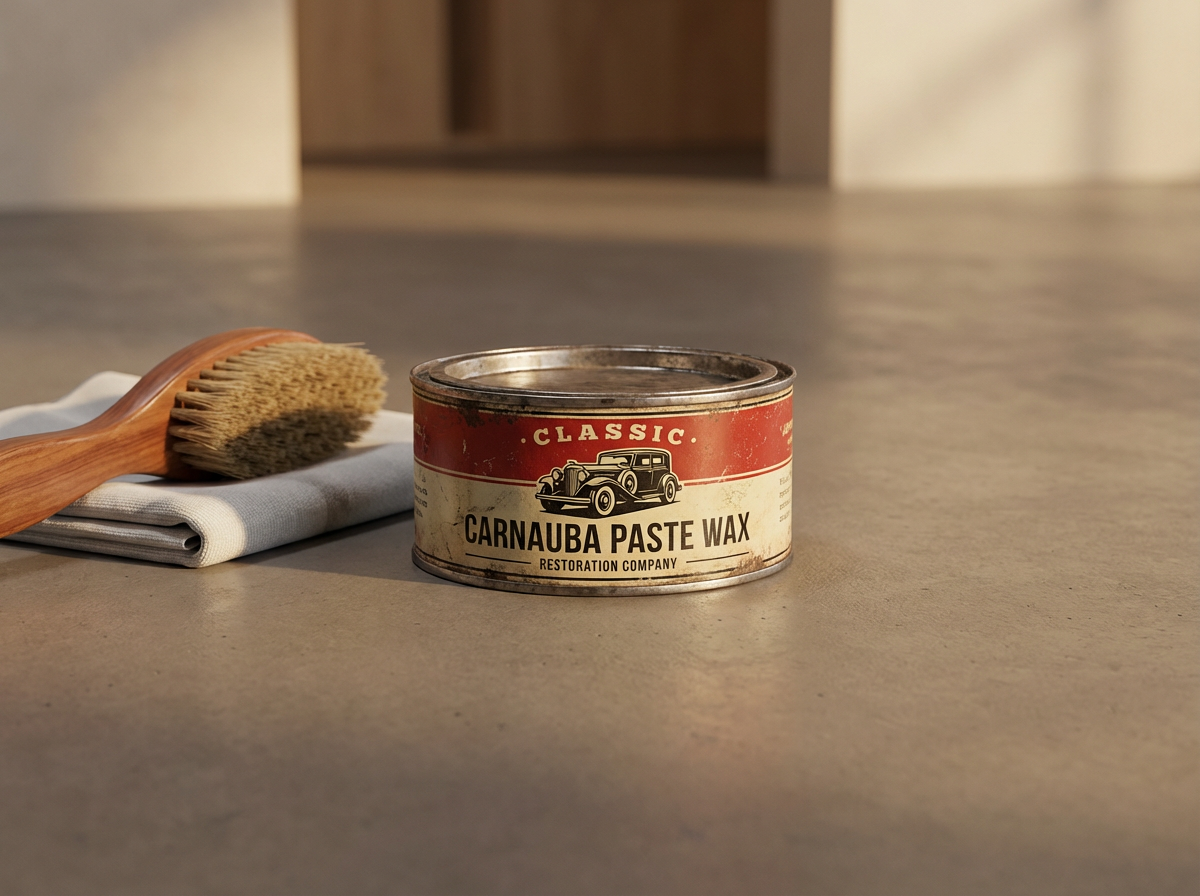 A vintage can of Carnauba Paste Wax with a car illustration on the label, placed on a smooth surface next to a folded cloth and a brush with wooden handle.