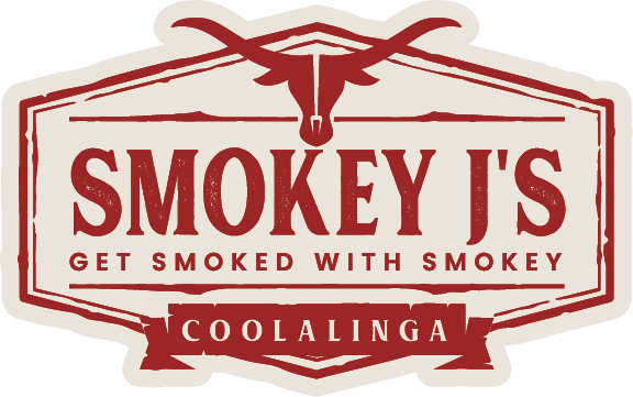 Logo for Smokey J's BBQ featuring a longhorn skull and the words "Smokey J's Get Smoked With Smokey Coolalinga".